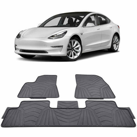 Tesla Model 3 Custom Fit Floor Mats - 2017-2019 - Front and Second Row (Black)