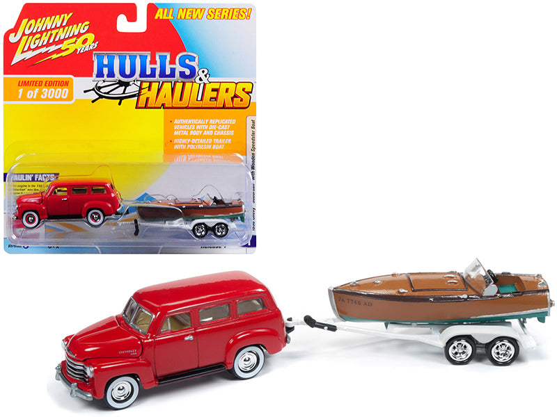 1950 Chevrolet Suburban Red with Vintage Wooden Speedster Boat