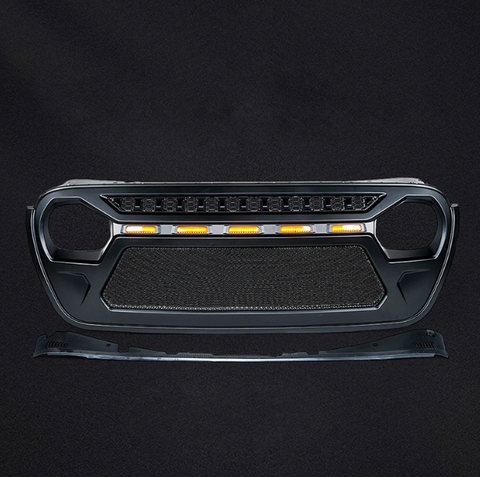 Black Gladiator Mesh Grille With Amber LED Running Lights For 2018-2020 Jeep Wrangler JL JT