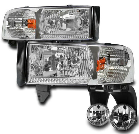 For 1994-2001 DODGE RAM PICKUP TRUCK CHROME CRYSTAL HEADLIGHTS W/BUMPER FOG LAMP SET