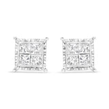 14K White Gold 1 1/2 Cttw Invisible Set Princess-Cut Diamond Contemporary Wavy Quad Stud Earrings (I-J Color, I1-I2 Clarity)