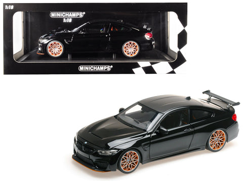 2016 BMW M4 GTS Metallic Black with Carbon Top and Orange Wheels Limited Edition to 402 pieces Worldwide 1/18 Diecast Model Car by Minichamps
