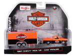 1987 Chevrolet Pickup Truck with Enclosed Car Trailer Orange and Black \"Harley Davidson\" 1/64 Diecast Model Car by Maisto