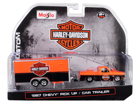 1987 Chevrolet Pickup Truck with Enclosed Car Trailer Orange and Black \"Harley Davidson\" 1/64 Diecast Model Car by Maisto