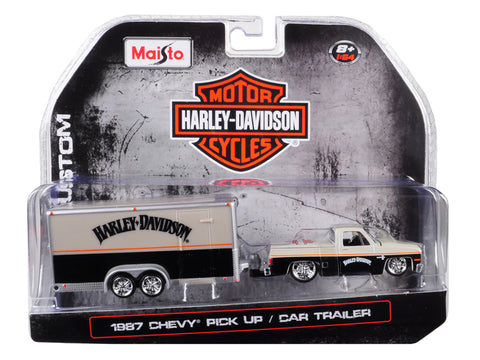 1987 Chevrolet Pickup Truck with Enclosed Car Trailer Pearl Beige/ Silver and Black \"Harley Davidson\" 1/64 Diecast Model Car by Maisto