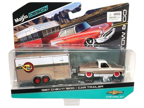 1987 Chevrolet Pickup Truck 1500 Gold and Car Trailer \"Tow & Go\" 1/64 Diecast Model Car by Maisto