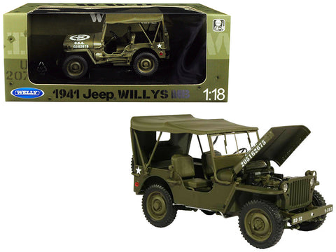 1941 Jeep Willys MB with Soft Top Green WWII U.S. Army 1/18 Diecast Model Car by Welly