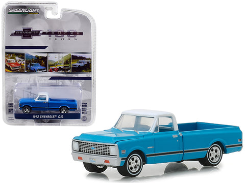 1972 Chevrolet C-10 Pickup Truck Blue with White Top and Black Stripes \"100 Years Anniversary of Chevrolet Trucks\" \"Anniversary Collection\" Series 7 1/64 Diecast Model Car by Greenlight