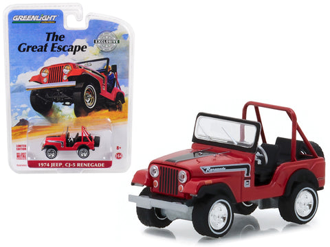 1974 Jeep CJ-5 Renegade Red with Black Stripes \"The Great Escape\" Advertisement Car Hobby Exclusive 1/64 Diecast Model Car by Greenlight