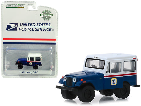 1971 Jeep DJ-5 \"United States Postal Service\" (USPS) Blue with White Roof Hobby Exclusive 1/64 Diecast Model Car by Greenlight