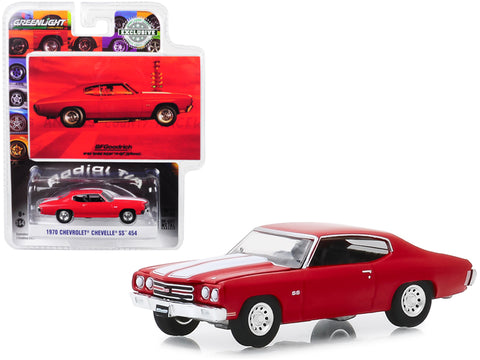 1970 Chevrolet Chevelle SS 454 Red with White Stripes \"When You\'re Ready to Get Serious\" BFGoodrich Vintage Ad Cars \"Hobby Exclusive\" 1/64 Diecast Model Car by Greenlight