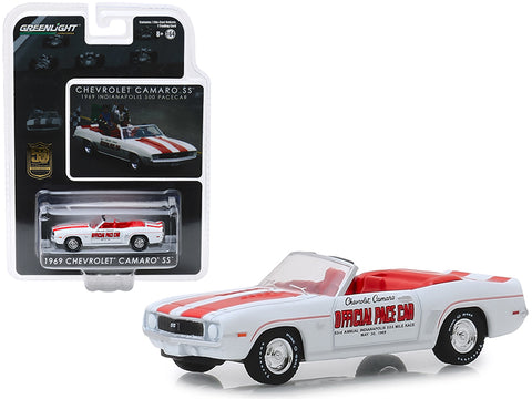 1969 Chevrolet Camaro SS Convertible Pace Car White with Red Stripes \"Mario Andretti 50th Anniversary Indianapolis 500 Champion\" 1/64 Diecast Model Car by Greenlight