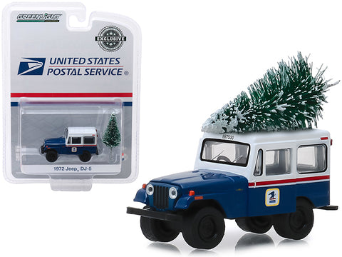 1972 Jeep DJ-5 Blue with White Top \"USPS\" (United States Postal Service) with Christmas Tree Accessory \"Hobby Exclusive\" 1/64 Diecast Model Car by Greenlight