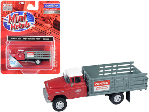 1955 Chevrolet Stakebed Truck \"Conoco\" Red and Gray 1/87 (HO) Scale Model by Classic Metal Works