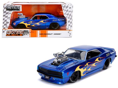 1969 Chevrolet Camaro with Blower Candy Blue and Yellow Flames \"Bigtime Muscle\" Series 1/24 Diecast Model Car by Jada