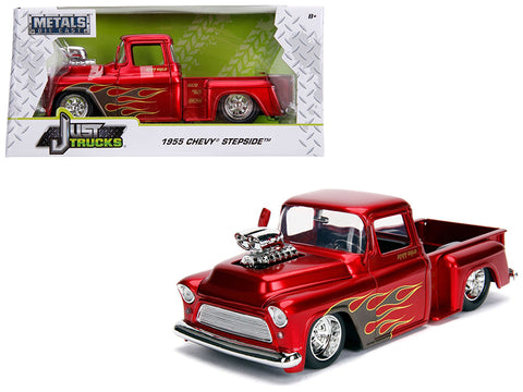 1955 Chevrolet Stepside Pickup Truck with Blower Candy Red with Flames \"Just Trucks\" Series 1/24 Diecast Model Car by Jada