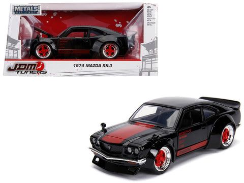 1974 Mazda RX-3 Black with Red Stripe \"JDM Tuners\" 1/24 Diecast Model Car by Jada