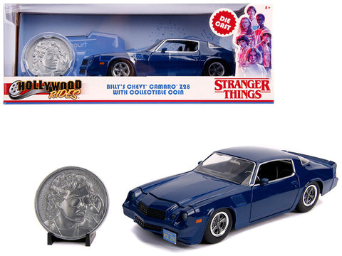Billy\'s Chevrolet Camaro Z28 Dark Blue with Collectible Coin \"Stranger Things\" (2016) TV Series 1/24 Diecast Model Car by Jada