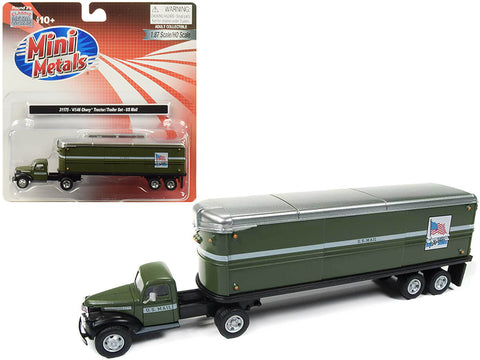 1941-1946 Chevrolet Tractor Trailer Truck \"U.S. Mail\" Army Green 1/87 (HO) Scale Model by Classic Metal Works