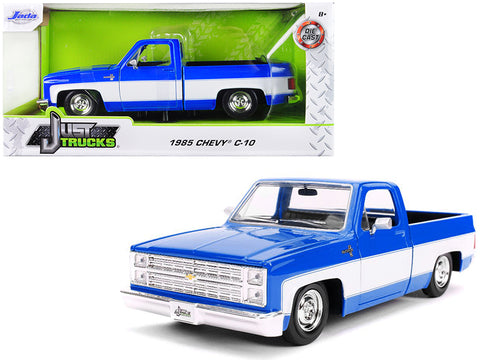 1985 Chevrolet Silverado C-10 Pickup Truck Stock Wheels Blue and White \"Just Trucks\" 1/24 Diecast Model Car by Jada
