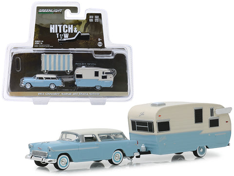 1955 Chevrolet Nomad and Shasta Airflyte with Awning Light Blue and Cream \"Hitch & Tow\" Series 16 1/64 Diecast Models by Greenlight
