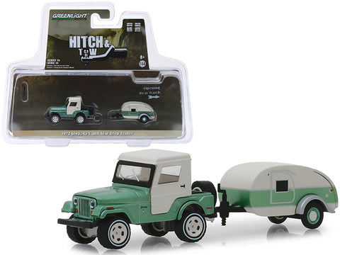 1972 Jeep CJ-5 Half-Cab and Teardrop Trailer Metallic Green and Cream \"Hitch & Tow\" Series 16 1/64 Diecast Models by Greenlight