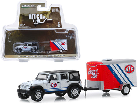 2015 Jeep Wrangler Unlimited \"STP\" White with Black Top and \"STP\" Small Cargo Trailer \"Hitch & Tow\" Series 18 1/64 Diecast Model Car by Greenlight