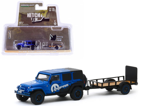 2012 Jeep Wrangler Unlimited \"MOPAR\" Off-Road Edition Dark Blue and Black and Utility Trailer \"Hitch & Tow\" Series 19 1/64 Diecast Model Car by Greenlight