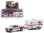 2019 Chevrolet Silverado Pickup Truck White and \"Phillips 66 Bayway Refinery\" Emergency Response Unit Enclosed Car Trailer White \"Hitch & Tow\" Series 19 1/64 Diecast Model Car by Greenlig