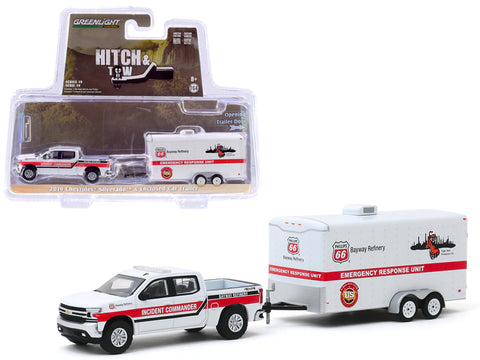2019 Chevrolet Silverado Pickup Truck White and \"Phillips 66 Bayway Refinery\" Emergency Response Unit Enclosed Car Trailer White \"Hitch & Tow\" Series 19 1/64 Diecast Model Car by Greenlig