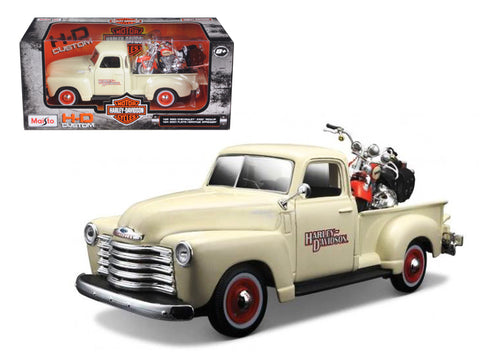1950 Chevrolet 3100 Pickup Truck Harley Davidson 1/25 With 2001 FLSTS Heritage Springer Motorcycle 1/24 Diecast Model by Maisto