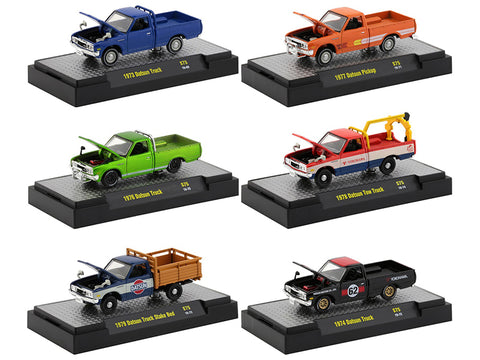 Auto Thentics 6 piece Set of 1970\'s Datsun Trucks IN DISPLAY CASES 1/64 Diecast Model Cars by M2 Machines