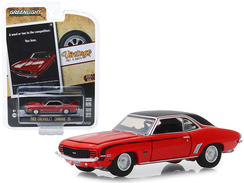 1969 Chevrolet Camaro SS Red with Black Top \"A Word Or Two To The Competition_ You Lose.\" \"Vintage Ad Cars\" Series 1 1/64 Diecast Model Car by Greenlight