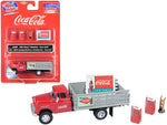 1955 Chevrolet Stakebed Truck Red and Gray with 1950\'s Two Vending Machines, Hand Truck and Building Sign \"Coca-Cola\" 1/87 (HO) Scale Model by Classic Metal Works