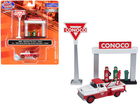 1955 Chevrolet Tow Truck White and Red with 1950\'s Service Station Sign and Gas Pump Island \"Conoco\" 1/87 (HO) Scale Model by Classic Metal Works