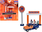 1955 Chevrolet Tow Truck Blue and Orange with 1950\'s Service Station Sign and Gas Pump Island \"Union 76\" 1/87 (HO) Scale Model by Classic Metal Works