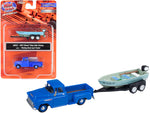 1957 Chevrolet Stepside Pickup Truck Blue with Fishing Boat and Trailer 1/87 (HO) Scale Model Car by Classic Metal Works
