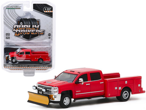 2018 Chevrolet Silverado 3500HD Dually Service Bed Truck with Snow Plow Red \"Dually Drivers\" Series 3 1/64 Diecast Model Car by Greenlight
