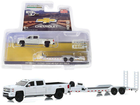 2018 Chevrolet Silverado 3500HD Pickup Truck with Heavy-Duty Flatbed Trailer White \"Hitch & Tow\" Series Limited Edition to 2,438 pieces Worldwide 1/64 Diecast Model Car by Greenlight