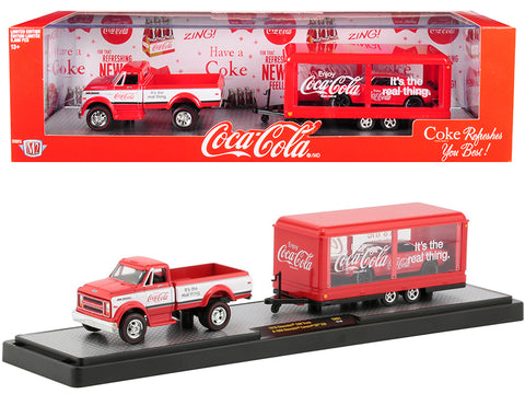 1970 Chevrolet C60 Pickup Truck Coke Red and White with Trailer and 1968 Chevrolet Camaro SS 350 Coke Red with Black Hood \"Coca-Cola\" Set Limited Edition to 5,880 pieces Worldwide 1/64 Diec