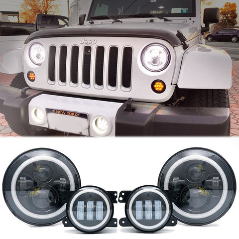 07" Halo LED Headlight Hi-Lo & 4''Fog Lamps For Jeep Wrangler White Super Bright