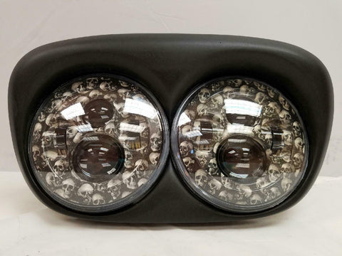 DUAL 7″ CUSTOM SKULL LED ROAD GLIDE Black Light Bulb Headlight Bezel for Harley