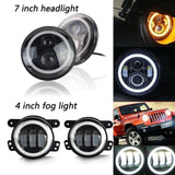 07" Halo LED Headlight Hi-Lo & 4''Fog Lamps For Jeep Wrangler White Super Bright