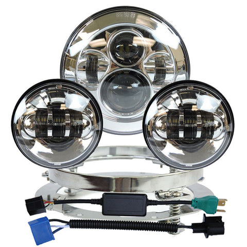 7" LED Projector Headlight + Passing Lights + Mounting Bracket Fit for Harley Touring Chrome