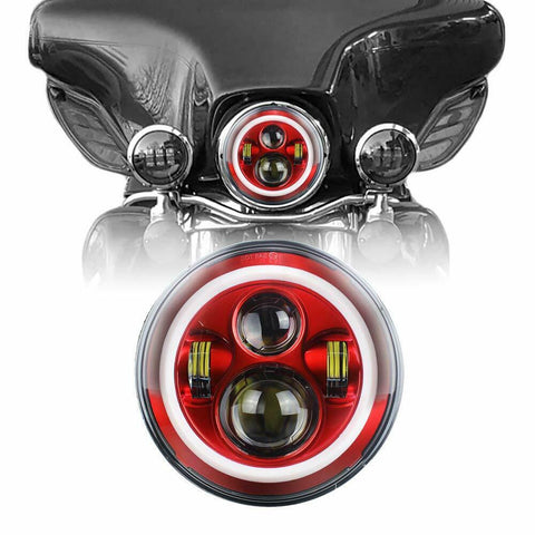 7″ Inch RED With RED Halo HID LED Headlight Motorcycle For Harley