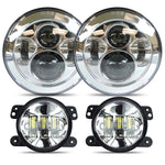 Chrome 7" LED Headlights + 4Inch Fog Lights Passing Lamps Kit for Jeep Wrangler