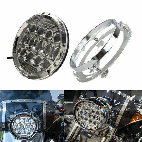 Chrome 7" 75W Daymaker LED Headlight DRL + Round Mount Bracket Ring for Harley