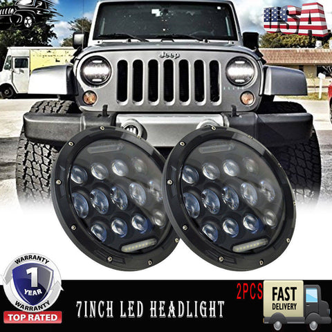 Pair 7" Round LED Black Housing Headlights For Jeep Wrangler New Free Shipping