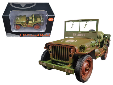 US Army WWII Jeep Vehicle Green Weathered Version 1/18 Diecast Model Car by American Diorama