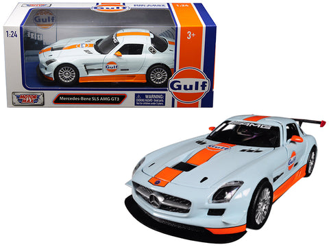 Mercedes Benz SLS AMG GT3 with \"Gulf\" Livery Light Blue with Orange Stripe 1/24 Diecast Model Car by Motormax